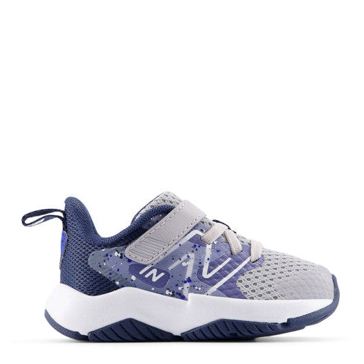 Children's athletic shoe with blue and gray design on a white background