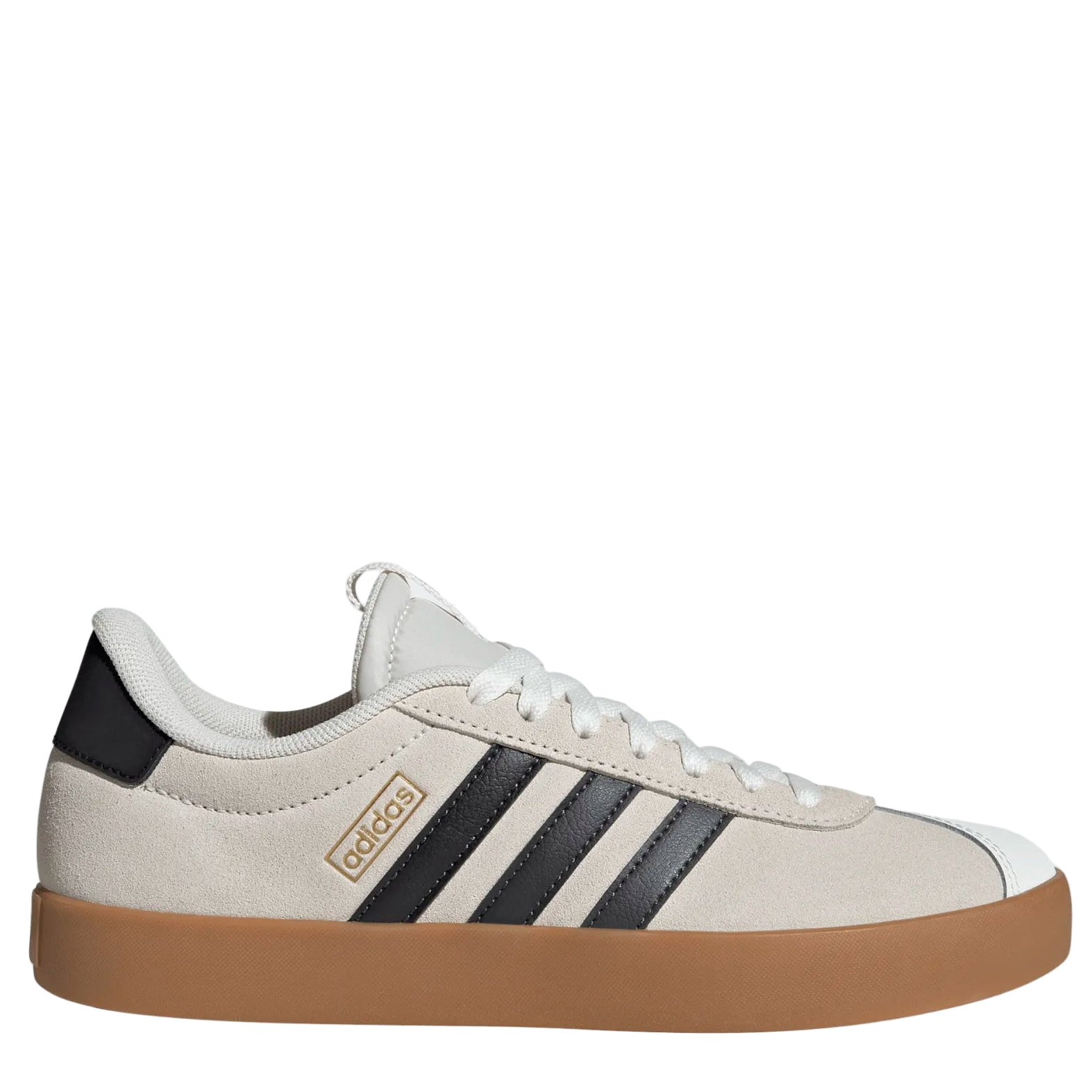 White Adidas sneaker with black stripes on a white background