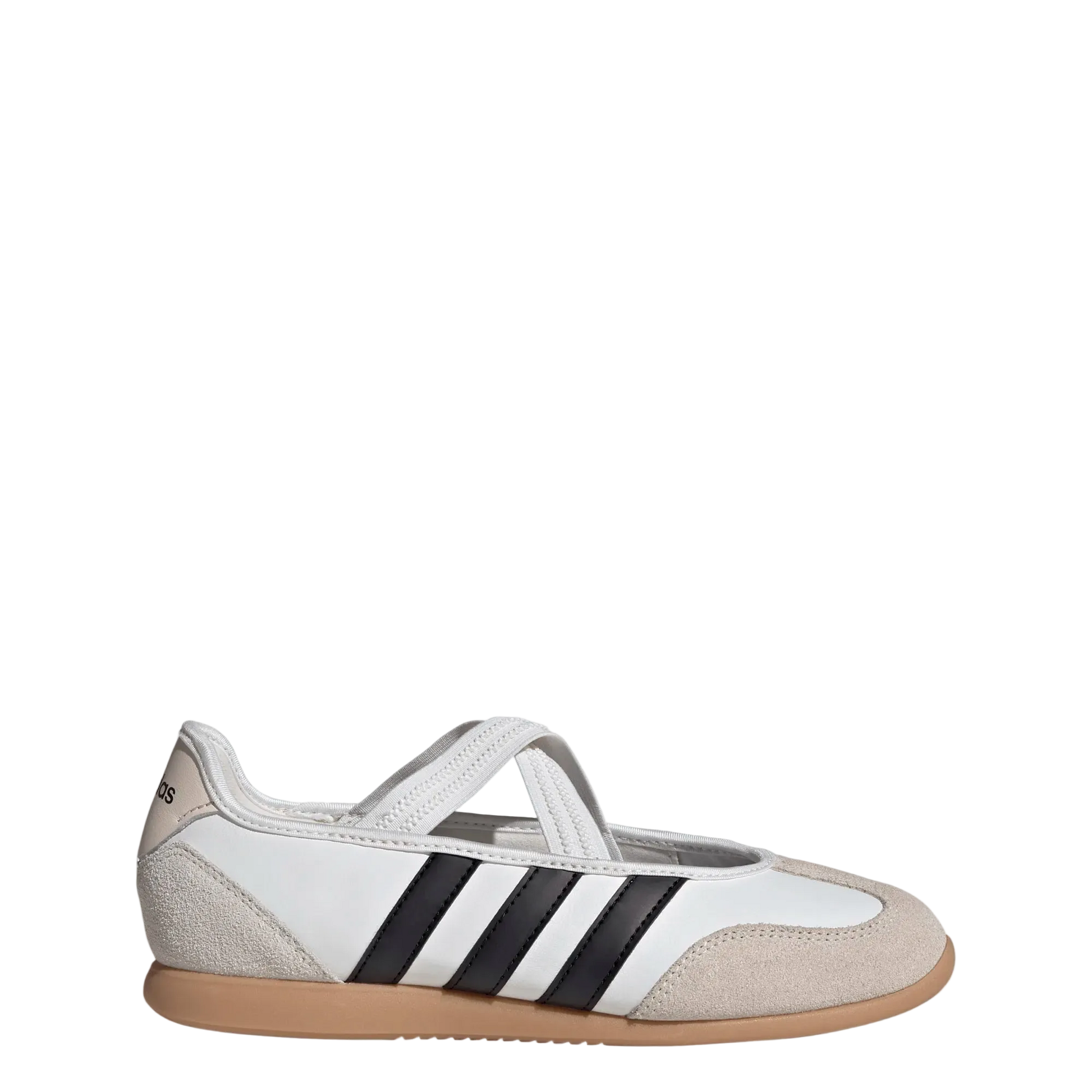 A single Adidas low-top sneaker shown in profile against a light gray background. The shoe features a white leather upper with black three-stripes, beige suede overlays, a white strap across the instep, and a gum-colored sole.
