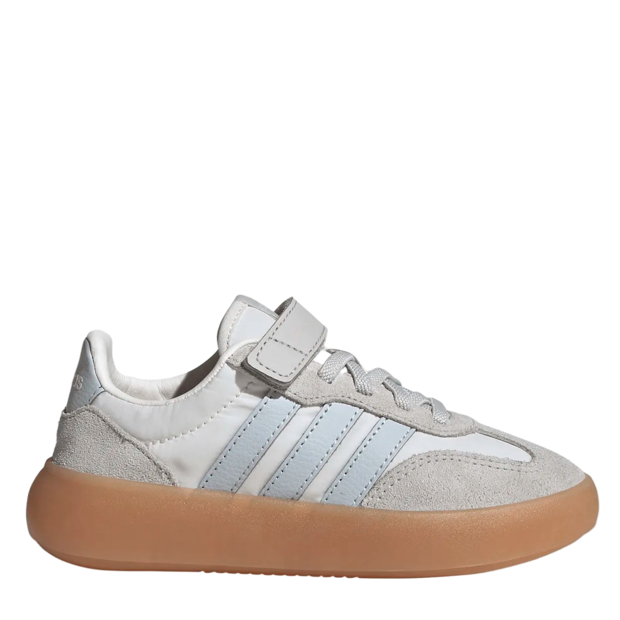 Light gray sneaker with white stripes on a white background