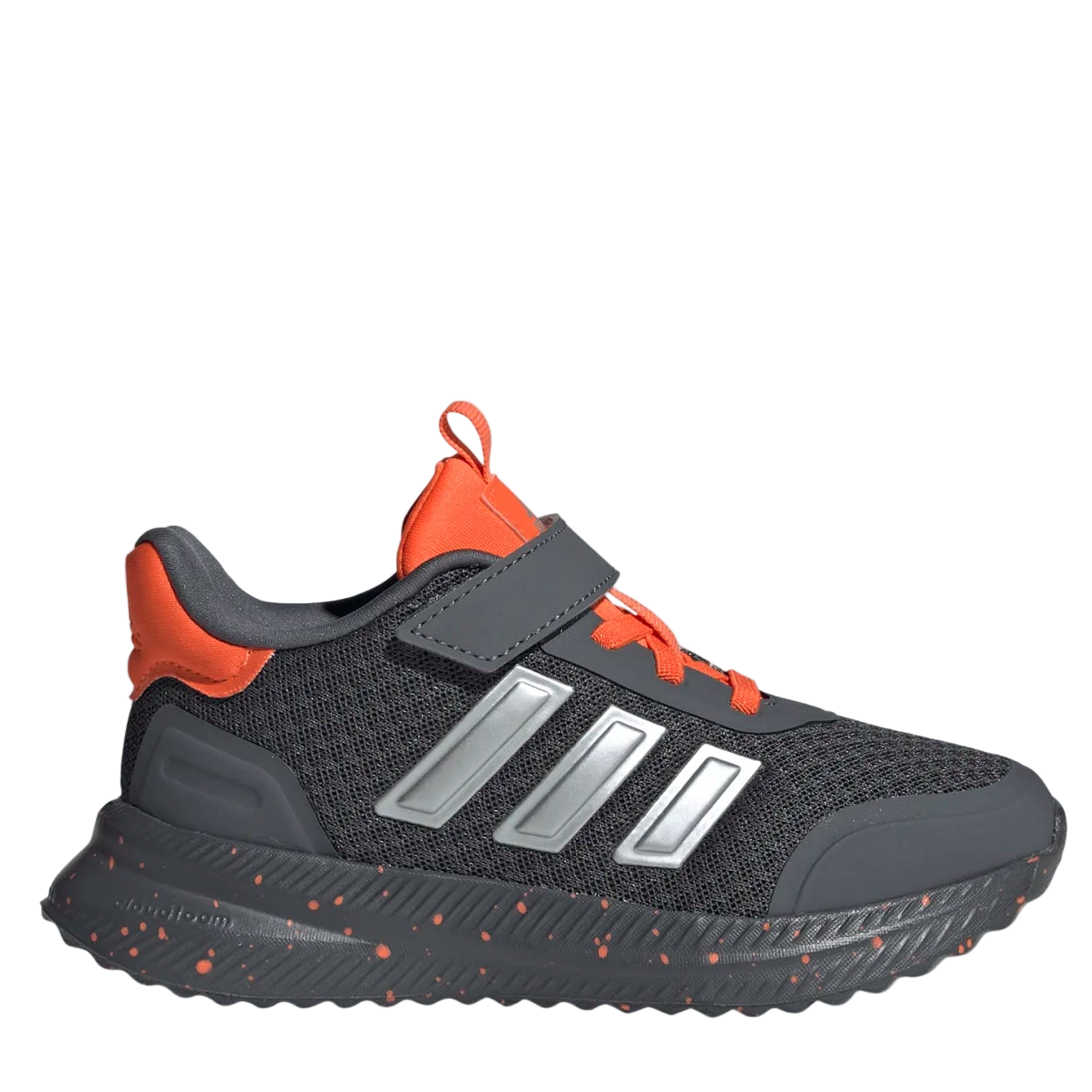 Gray and orange sneaker with Adidas logo on a light gray background
