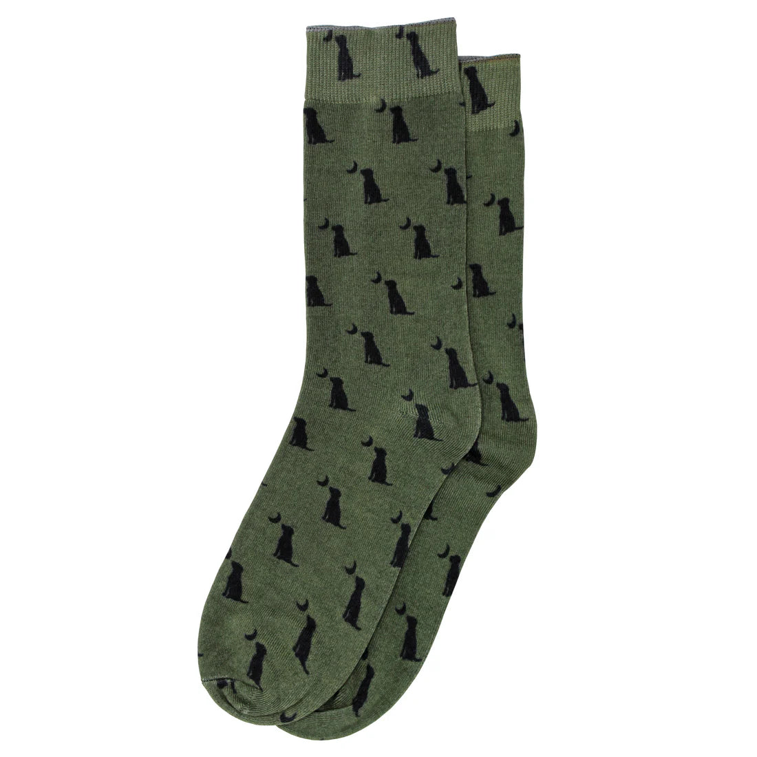 Green socks with black cat pattern on a white background