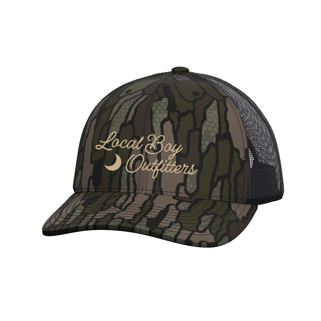 Camouflage cap with 'Local Boy Outfitters' logo on a white background