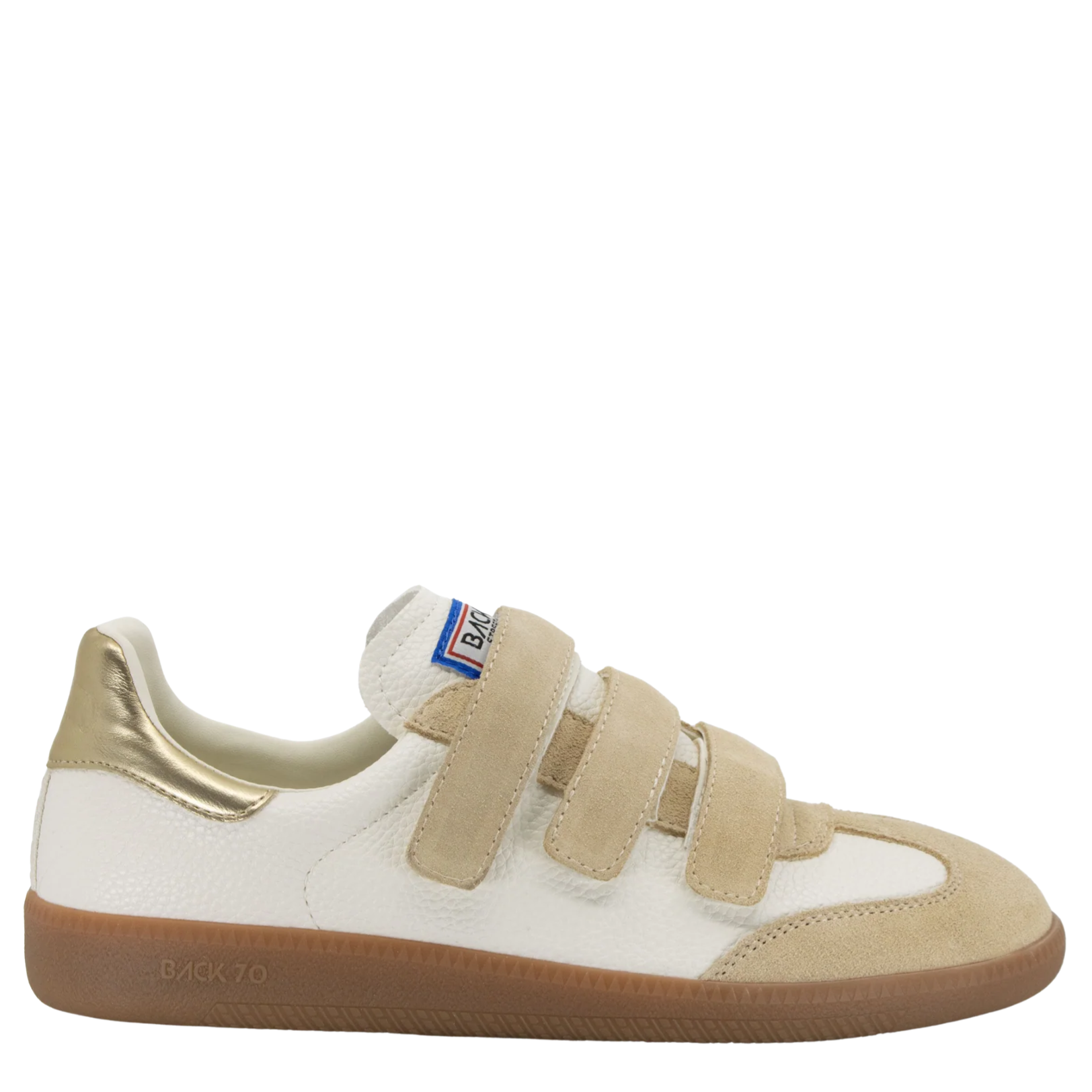 White and beige sneaker with velcro straps on a white background