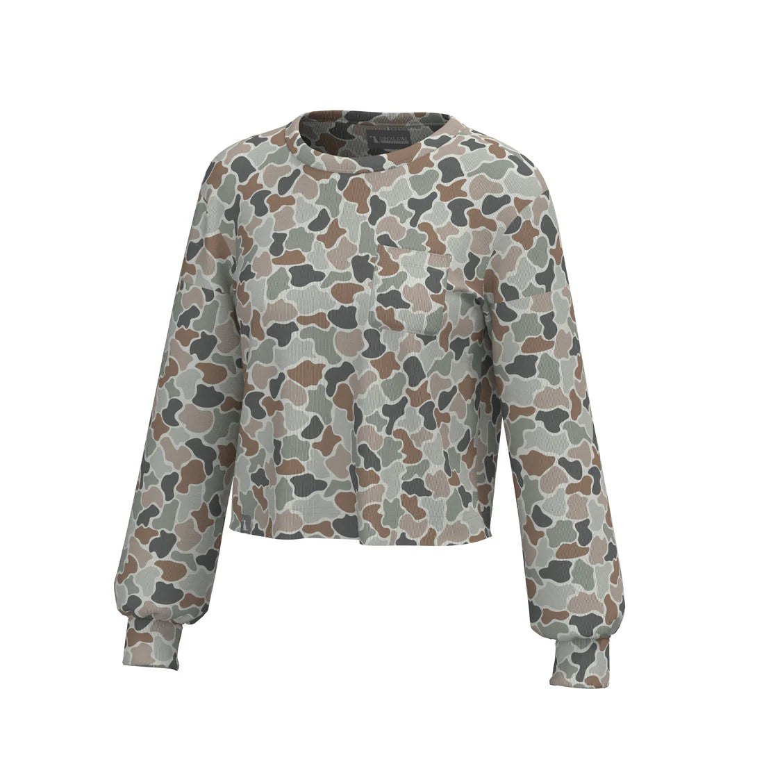Camouflage-patterned sweatshirt on a white background