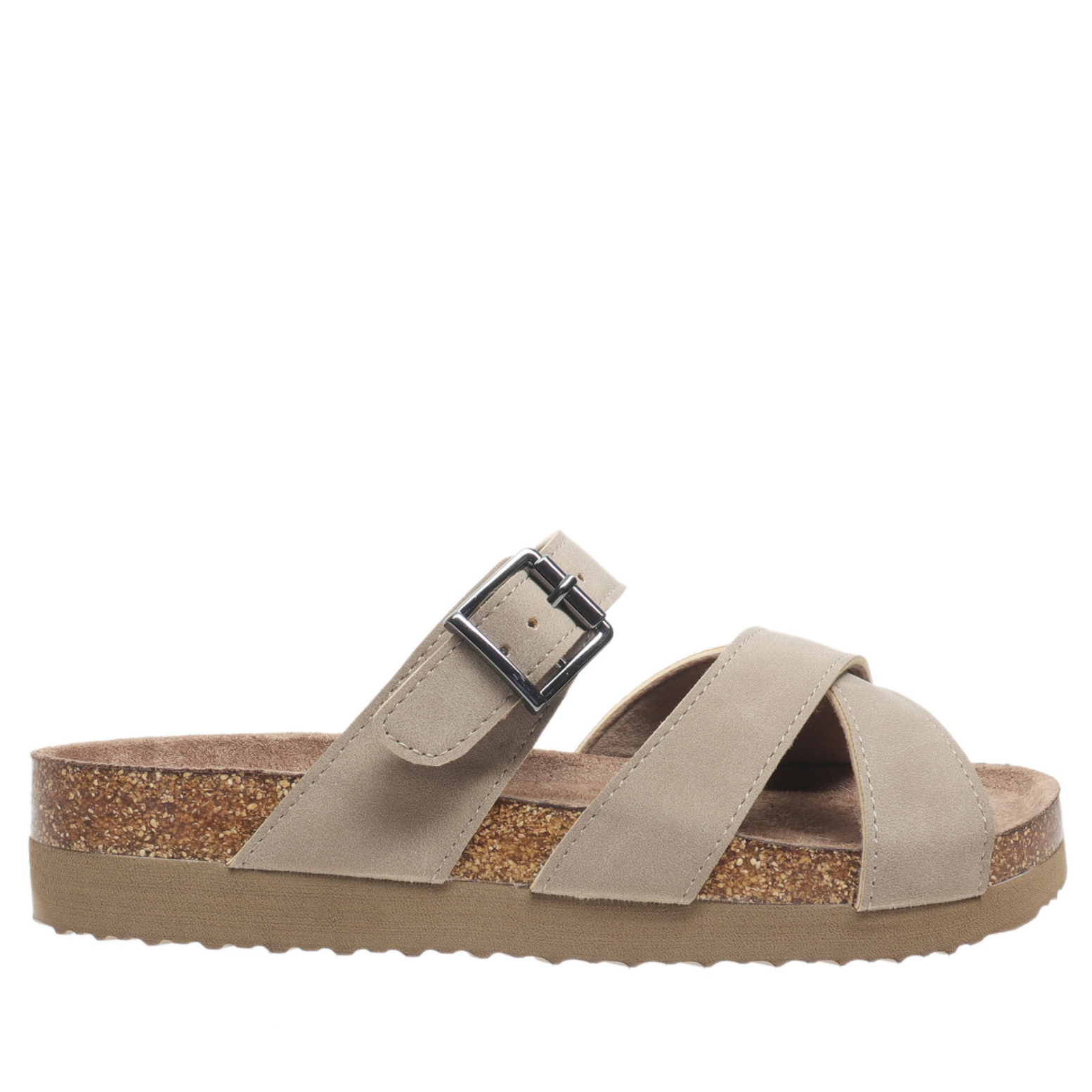 Beige sandal with a buckle on a white background