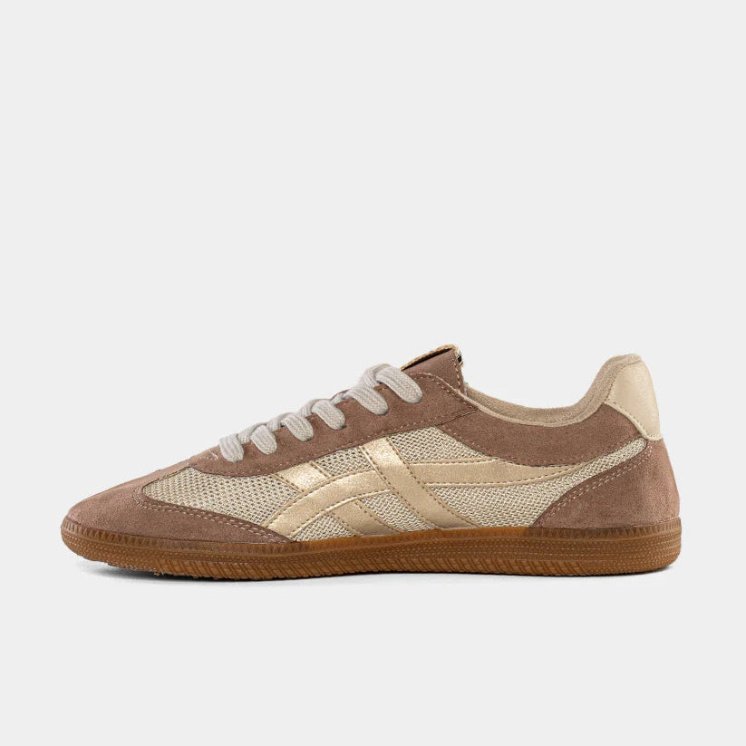 Beige and brown sneaker on a white background