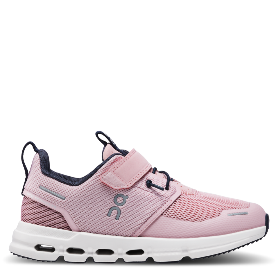 A pair of kids' athletic shoes in pink color with a white sole and black detailing, designed for comfort and flexibility.