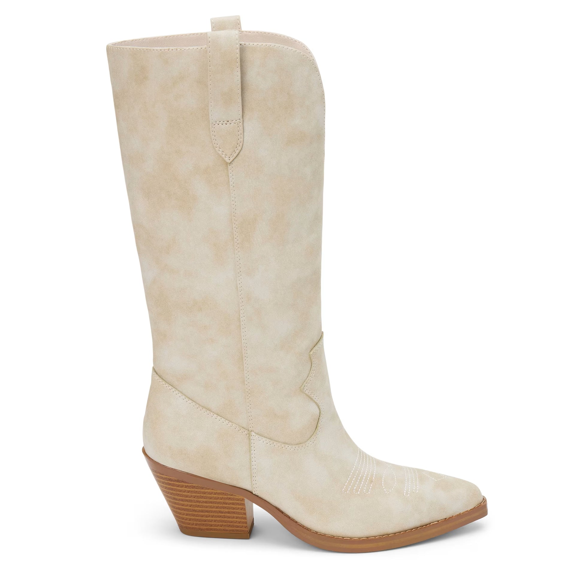 Beige knee-high boot with brown heel on a white background