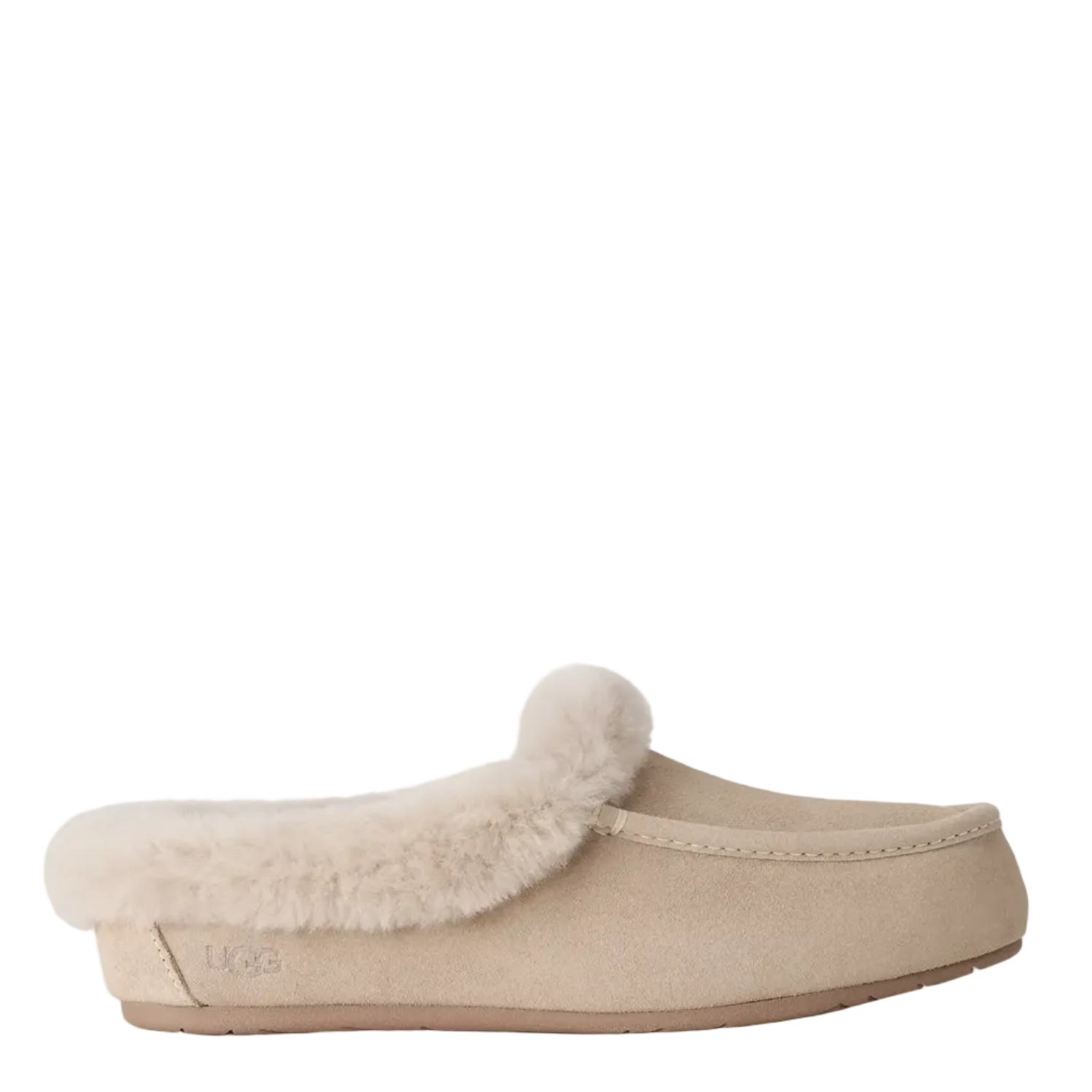 A single beige slip-on mule slipper with fluffy cream shearling lining and a matching pom-pom detail, shown against a light off-white background.
