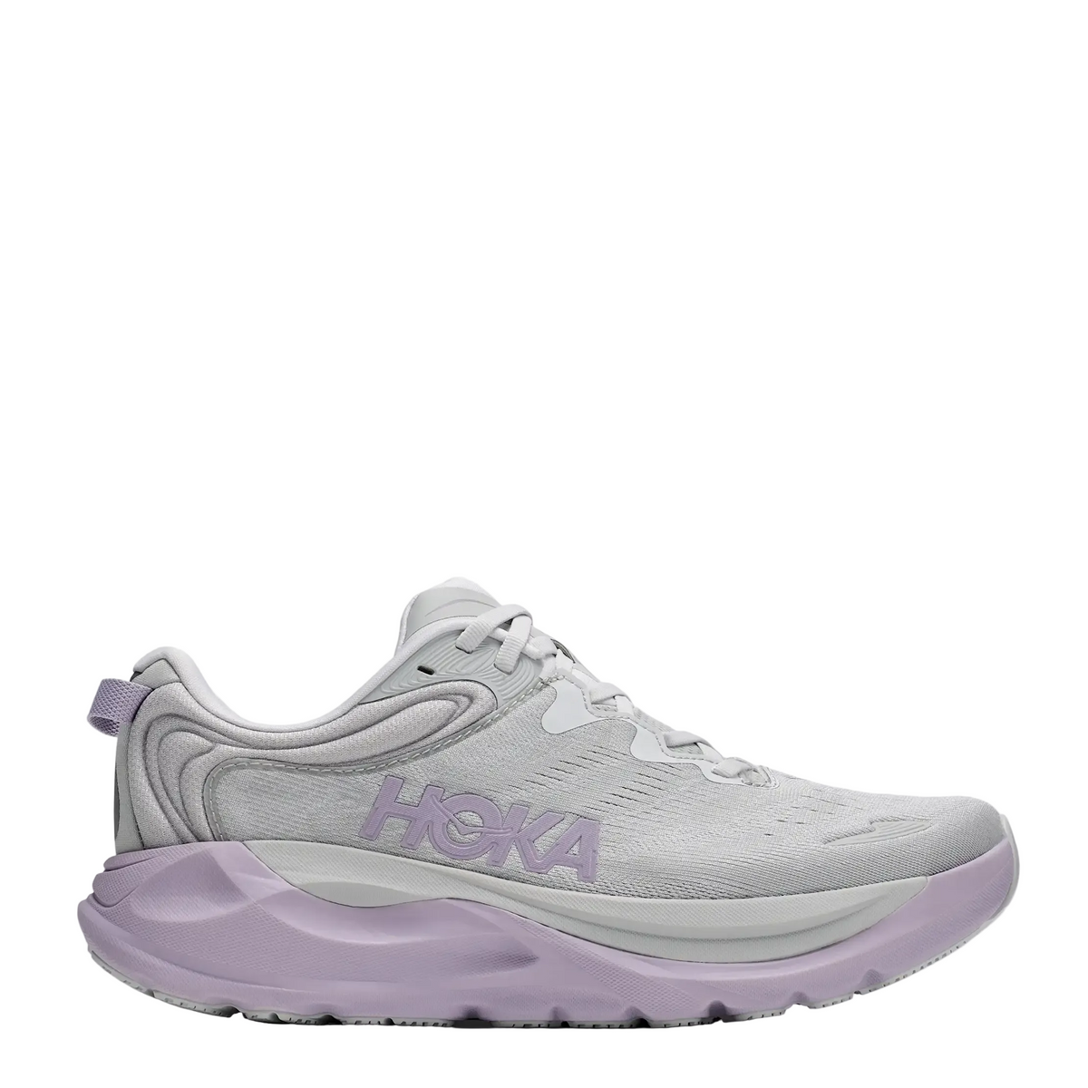 A Hoka running shoe in light gray and lavender purple, shown from the side against a plain white background.