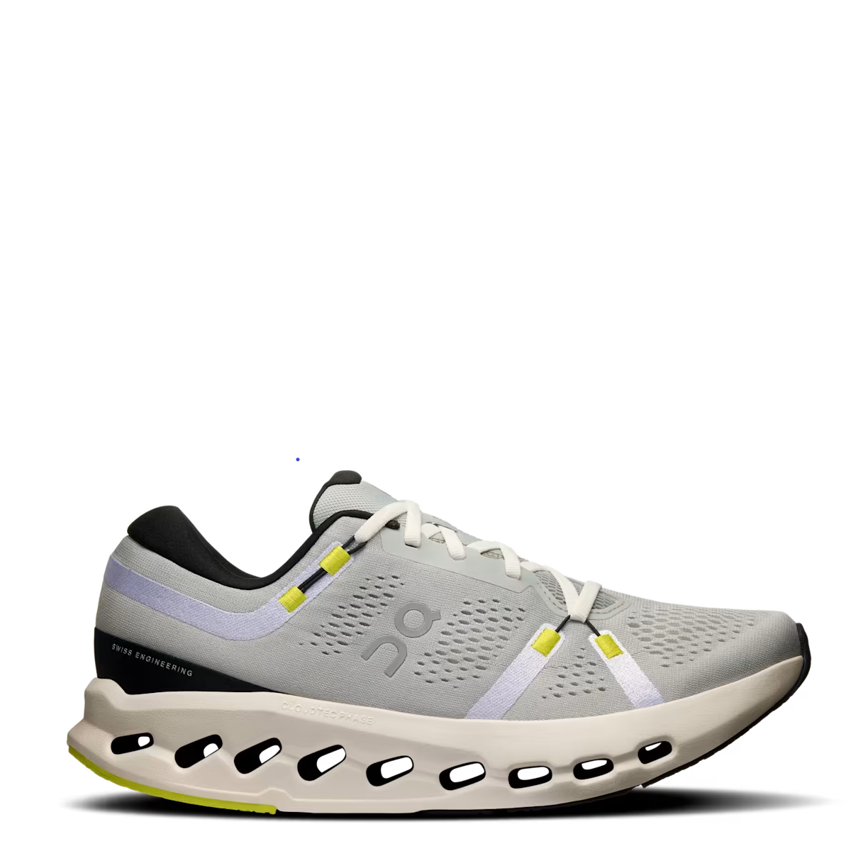 Gray athletic shoe with white sole on a white background