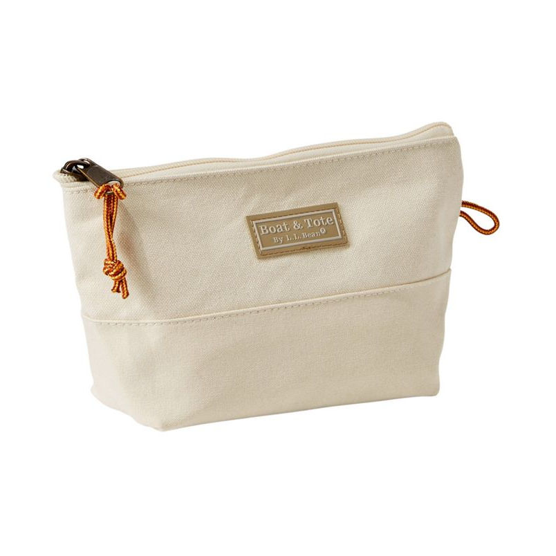 Beige pouch with a brand label on a white background