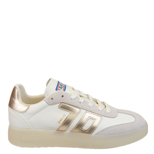 White sneaker with gold accents on a white background