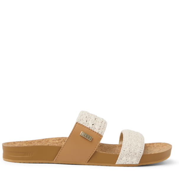 Tan sandal with white strap on a white background
