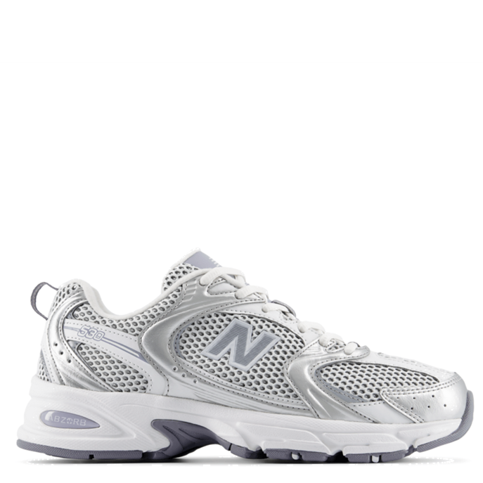 A New Balance athletic sneaker in metallic silver and white, shown from a side profile view against a plain white background.