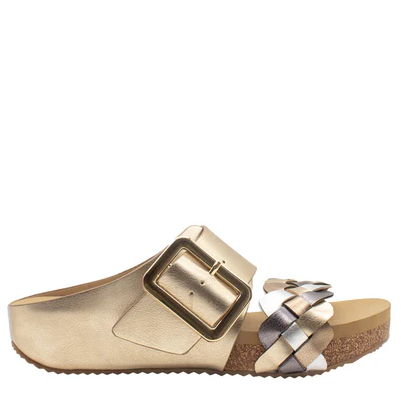 A gold-colored women's slide sandal with a woven vamp strap and a metal buckle closure, displayed on a white background.
