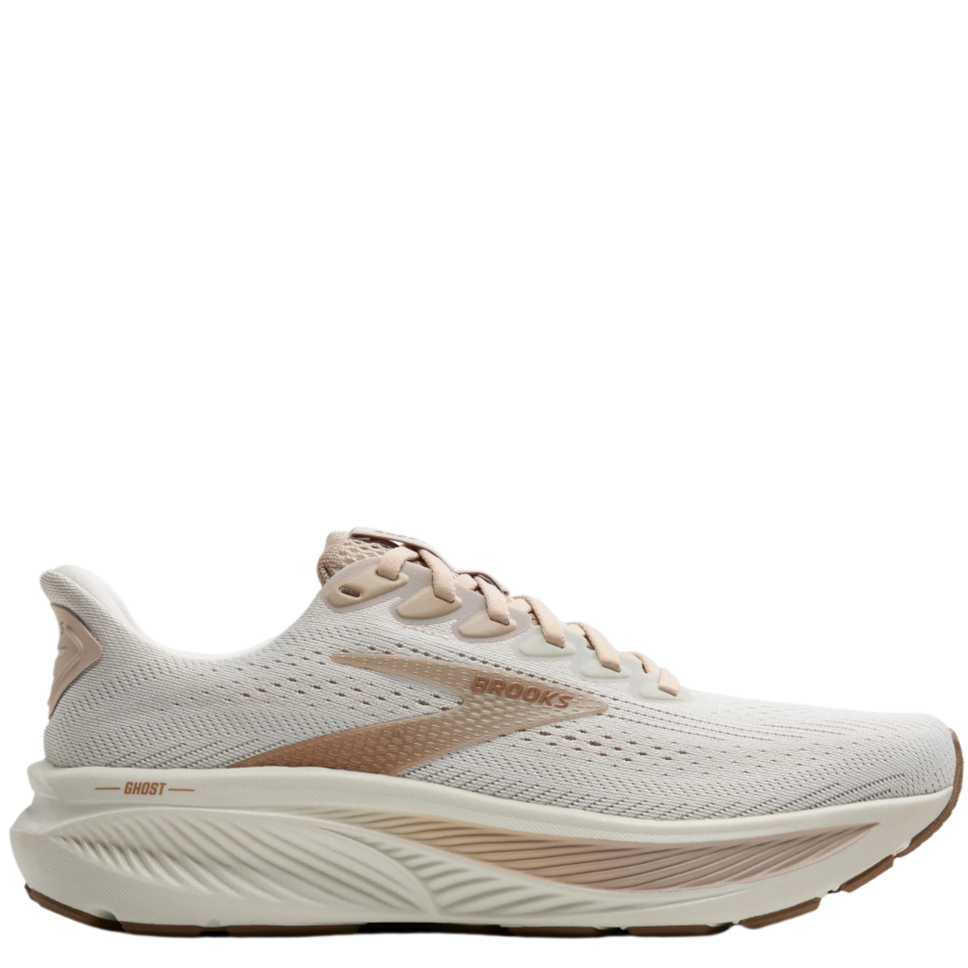 White and beige running shoe with 'Brooks' branding on a white background