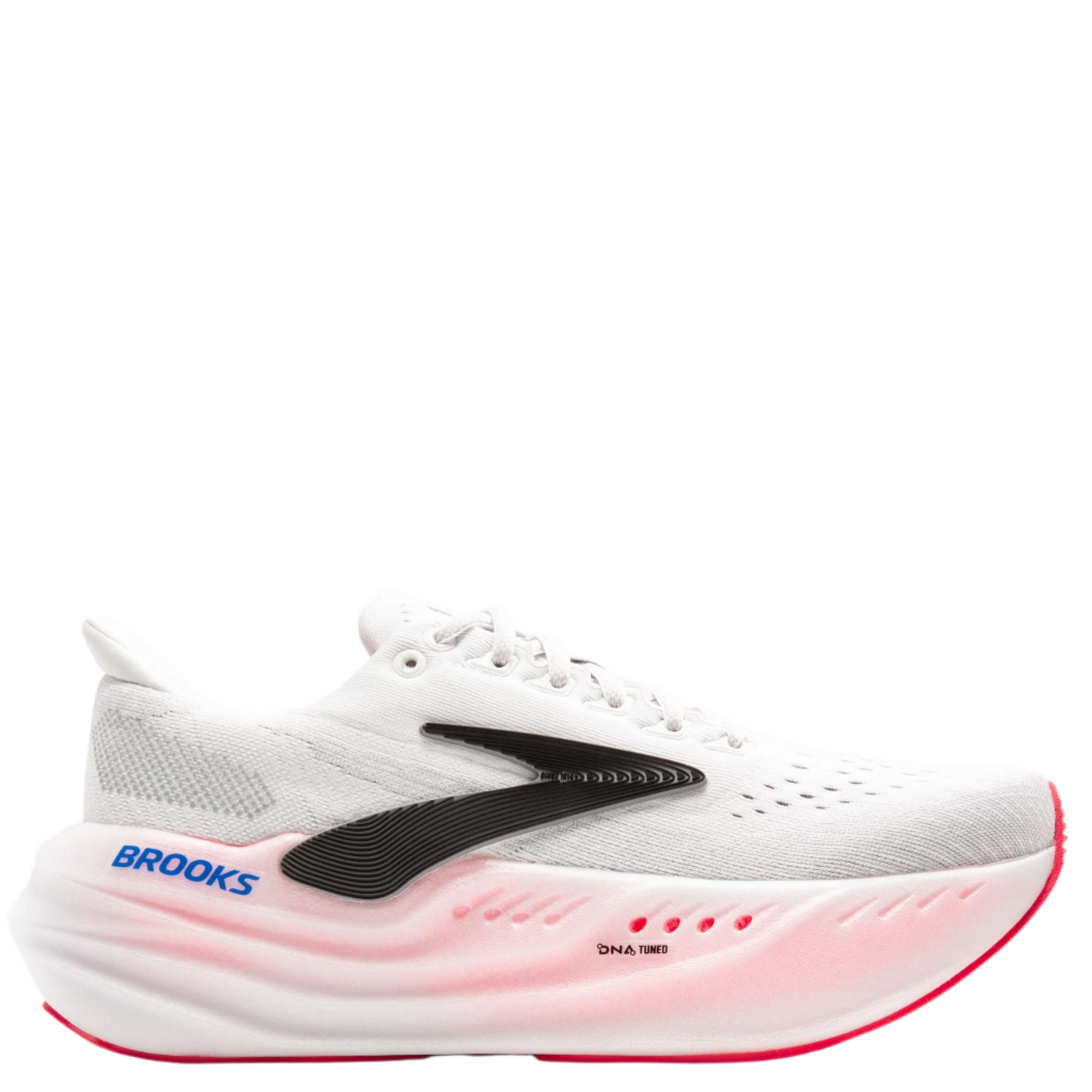 White running shoe with pink sole on a white background