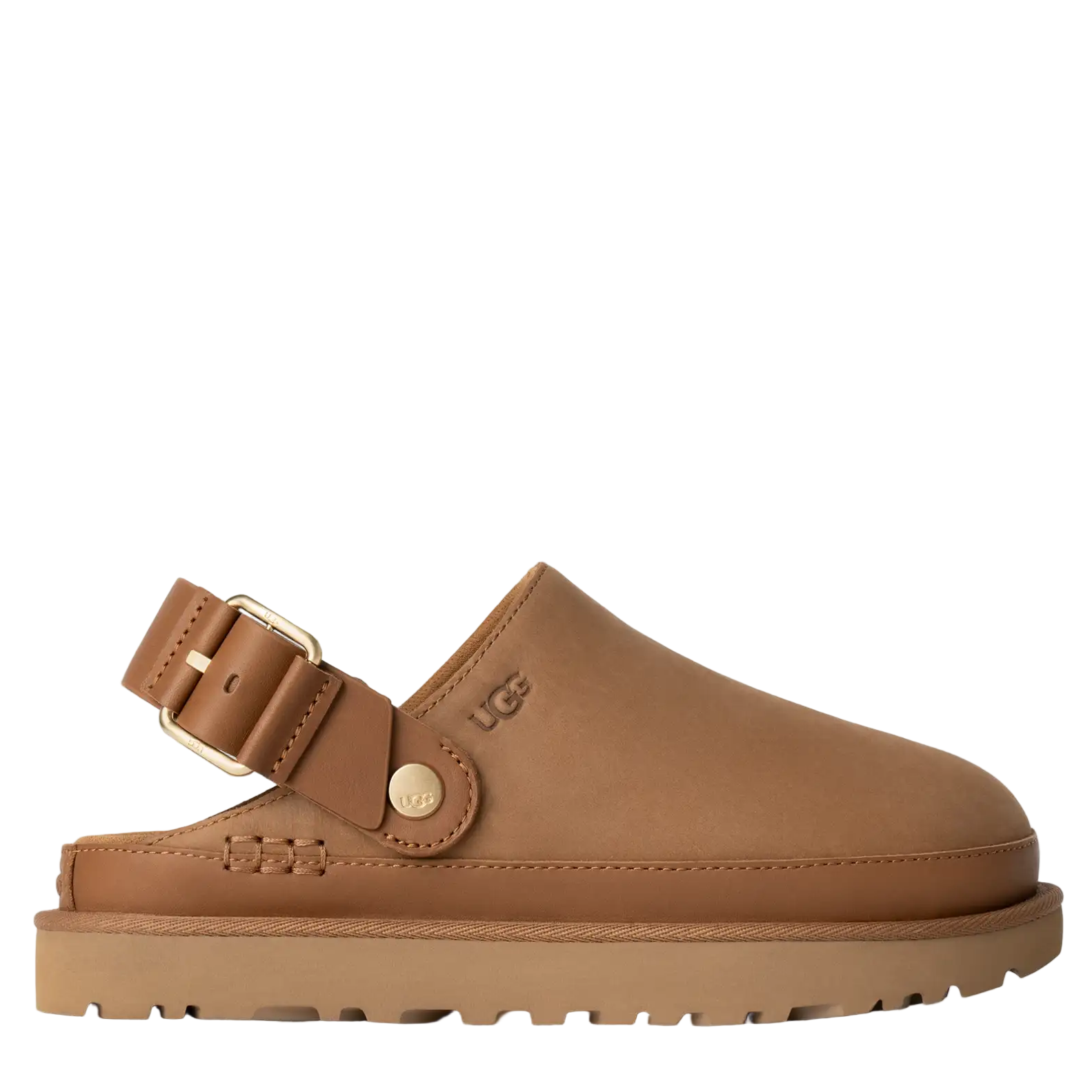 Brown clog shoe with a strap on a white background