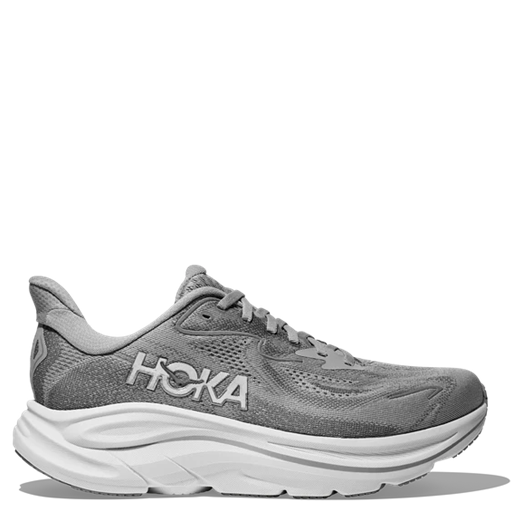 Gray running shoe with 'Hoka' branding on a white background