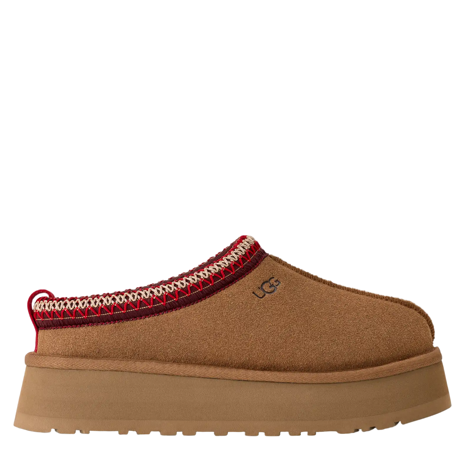 Brown slipper with red and gold trim on a white background