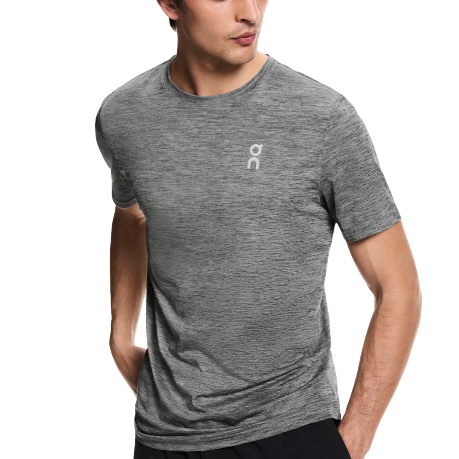 Man wearing a gray t-shirt with a logo on a light gray background