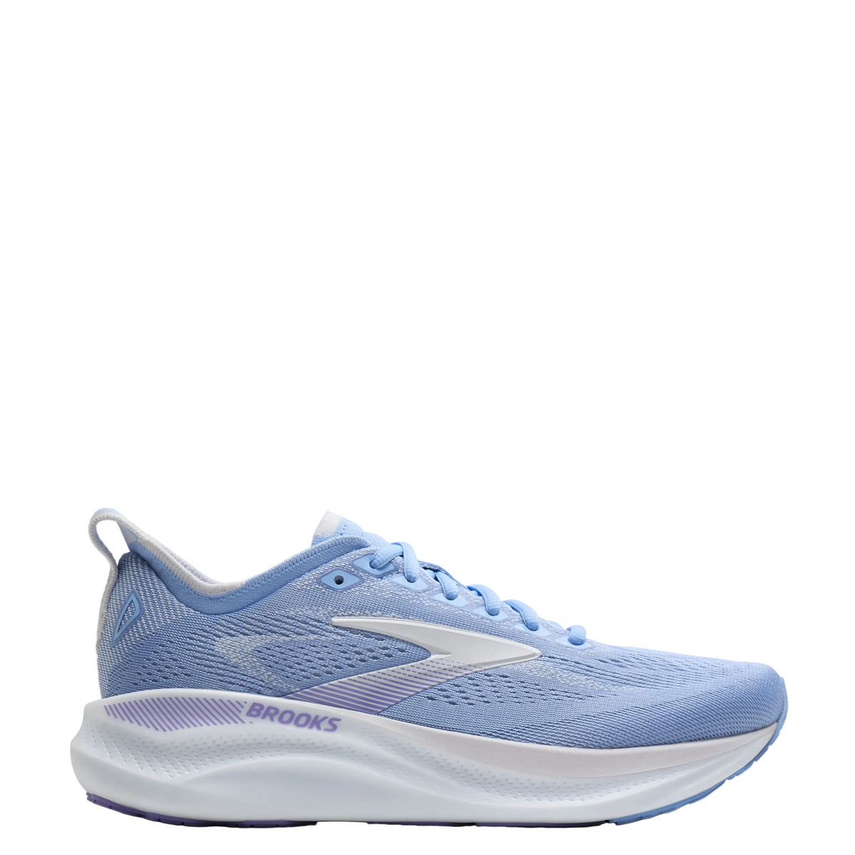 A light blue Brooks running shoe with a white midsole and logo, shown from the side against a plain white background.