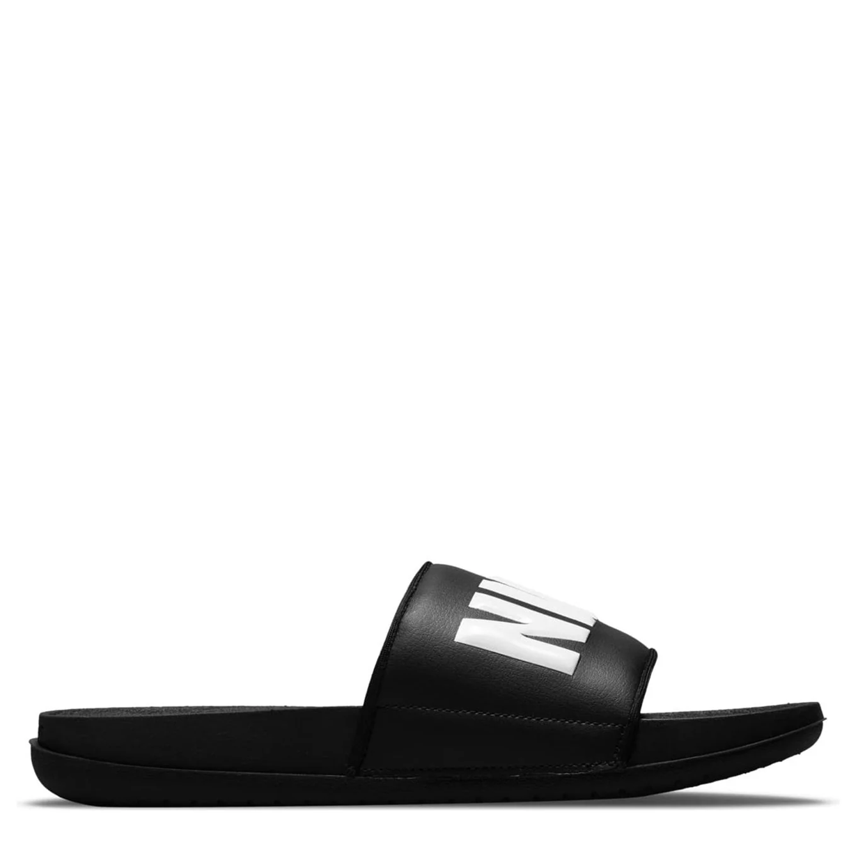 Black slide sandal with a white logo on a white background