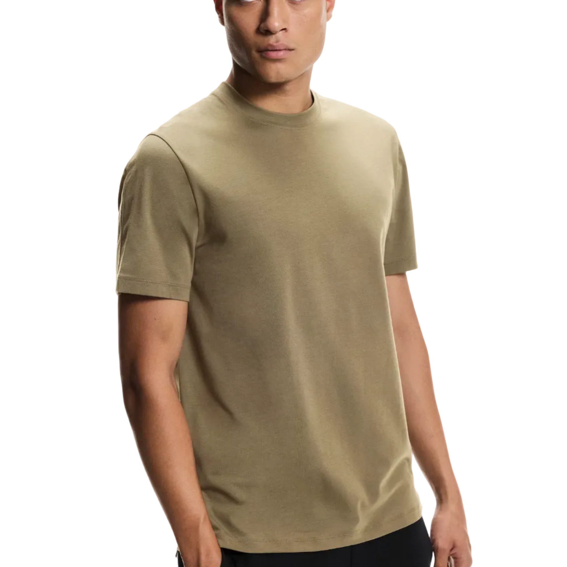 Man wearing a beige t-shirt against a white background