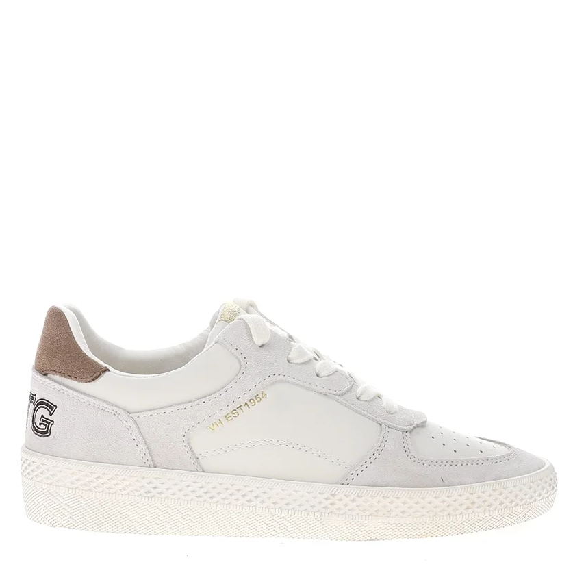 A white sneaker with brown accents and a lace-up closure. The brand logo is visible on the side.