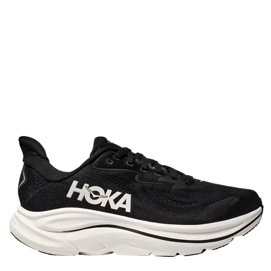 A pair of women's Hoka Clifton 10 running shoes in black color with white lace and midsole.