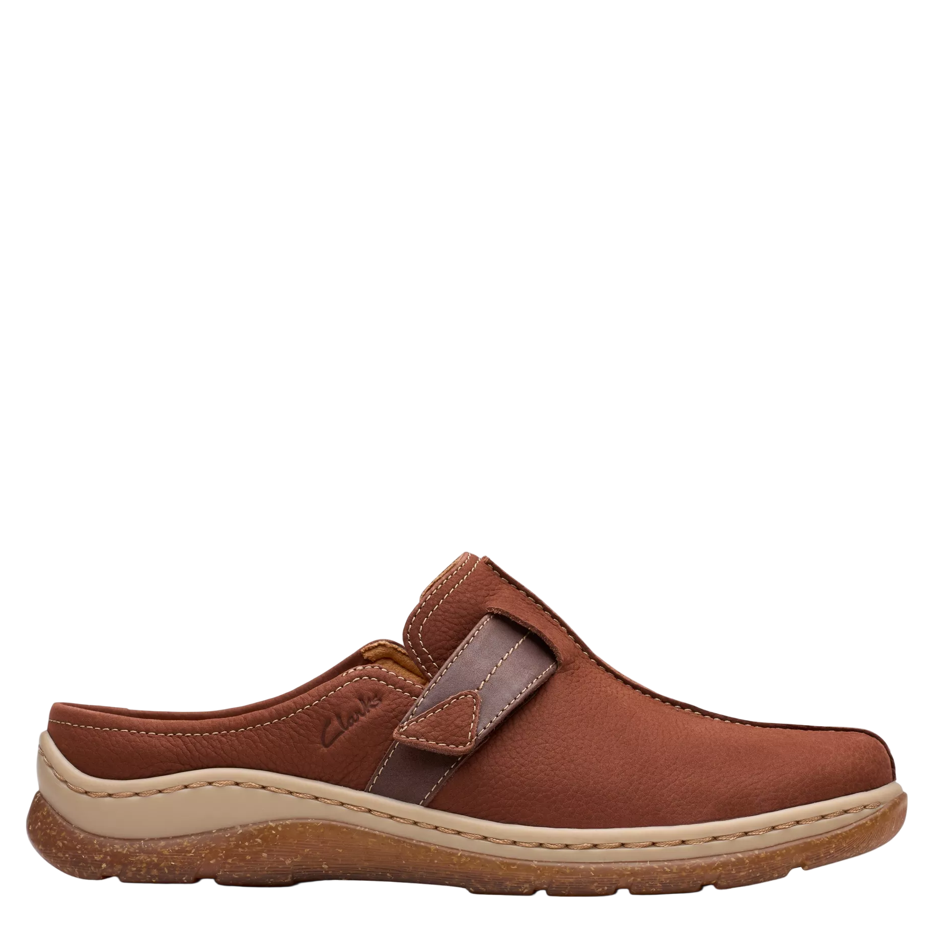 Brown shoe with a strap on a white background