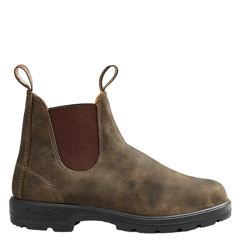 A single brown suede Chelsea boot with a dark brown elastic side panel and a black sole, shown in profile against a solid off-white background.