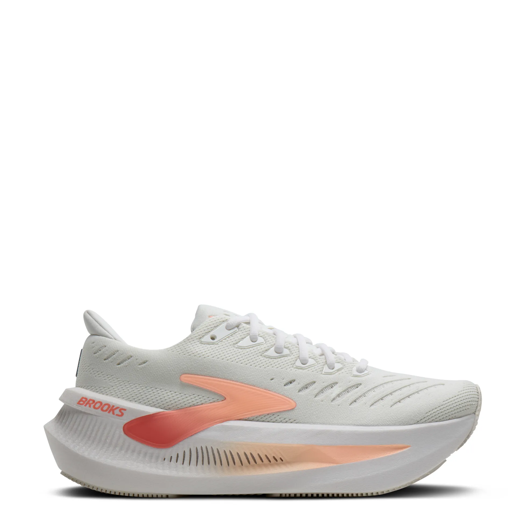 White running shoe with a pink logo on a white background