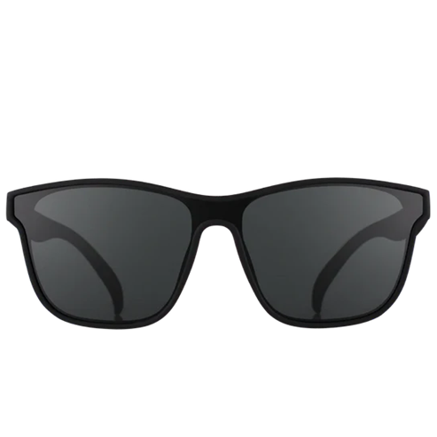 Black sunglasses with dark lenses on a white background