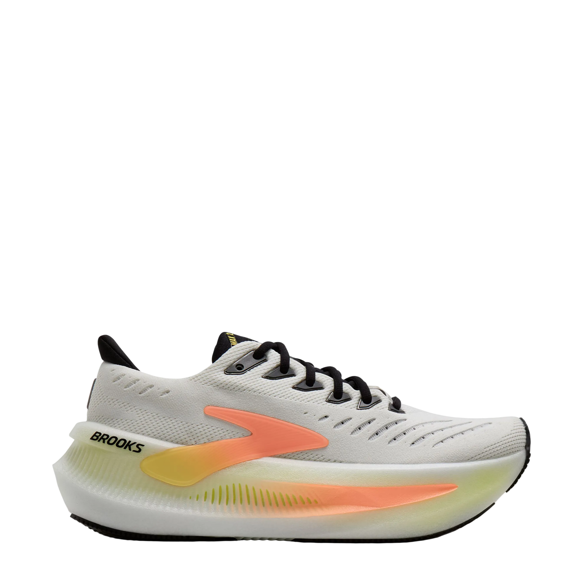 Brooks running shoe in white with a bright orange and yellow side logo, black laces, and a black heel tab, shown from a side profile on a light gray background.
