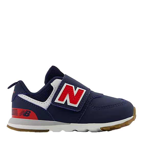 Navy blue children's sneaker with red 'N' logo on a white background