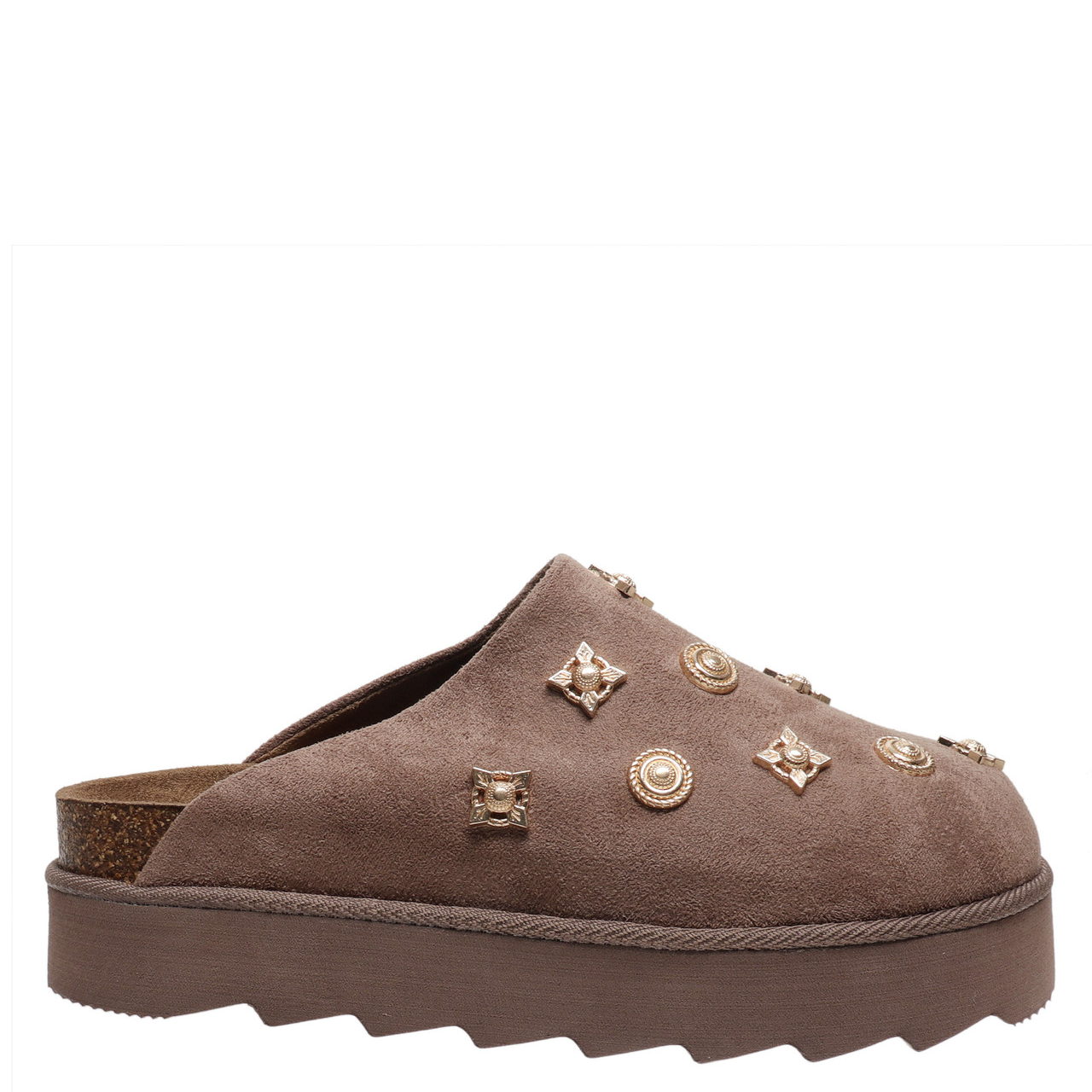 Brown slip-on shoe with decorative studs on a white background