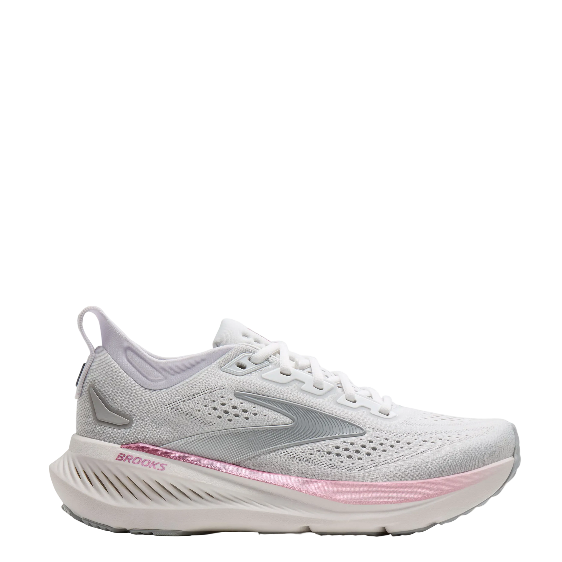 White and gray running shoe with pink sole on a white background