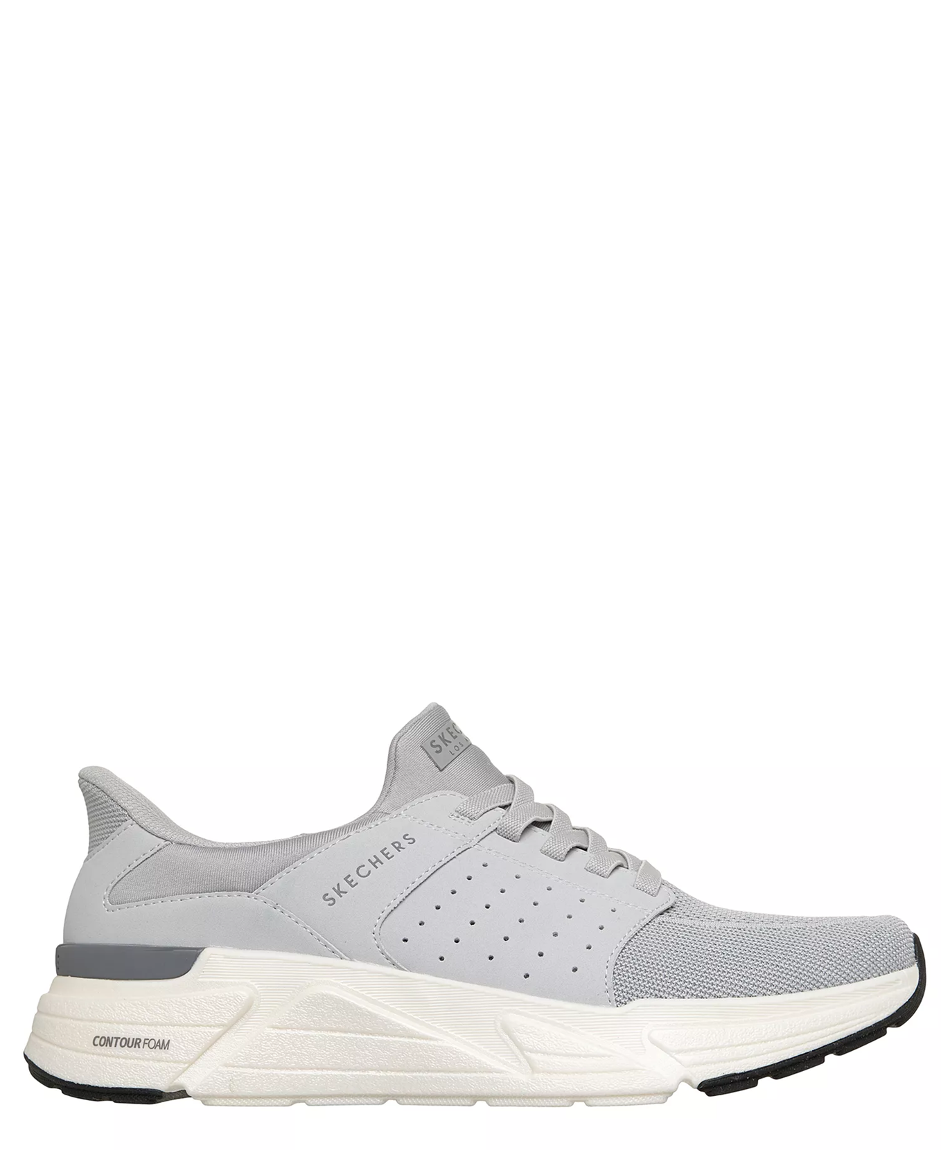 Gray sneaker with 'Skechers' branding on a white background