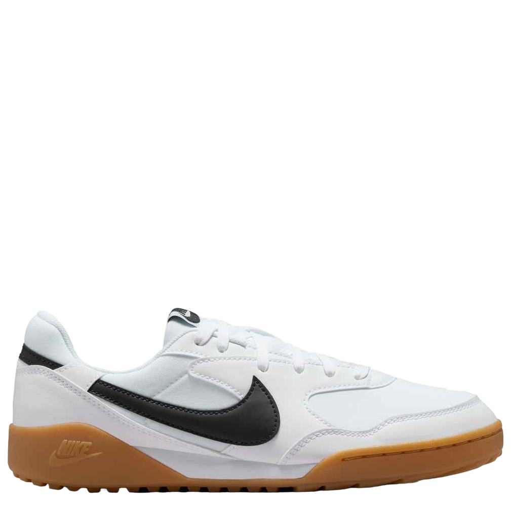 White sneaker with black swoosh logo and brown sole on a white background