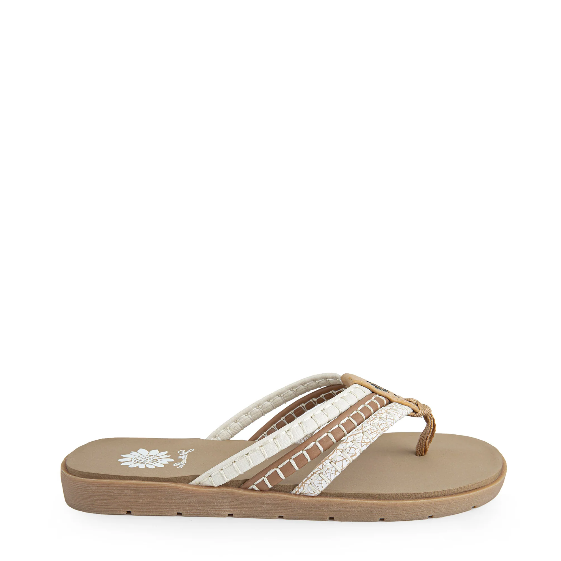 A woman's flip flop sandal with a triple-strap design featuring faux leather textures and silver embellishments on a beige base.