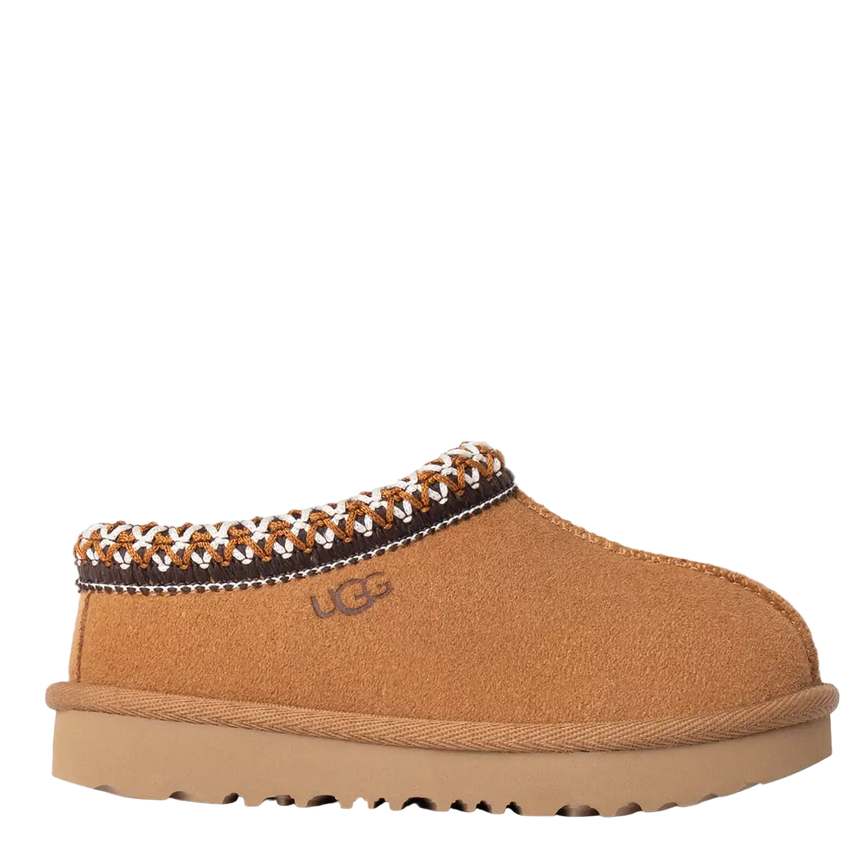 Brown UGG slipper with decorative band on a white background