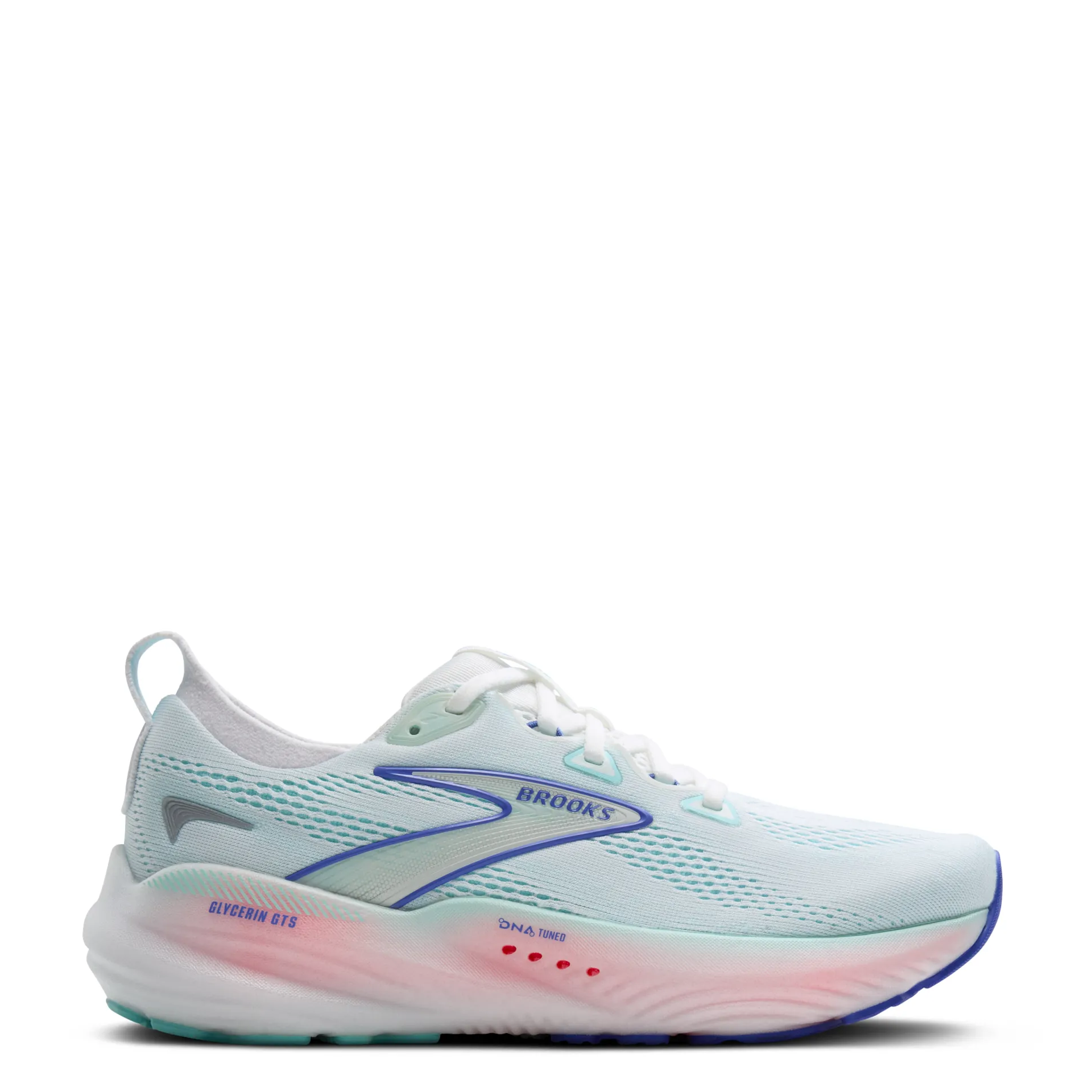 A pair of women's Brooks Glycerin GTS 22 running shoes with white uppers, blue accents, and pink Brooks logo.