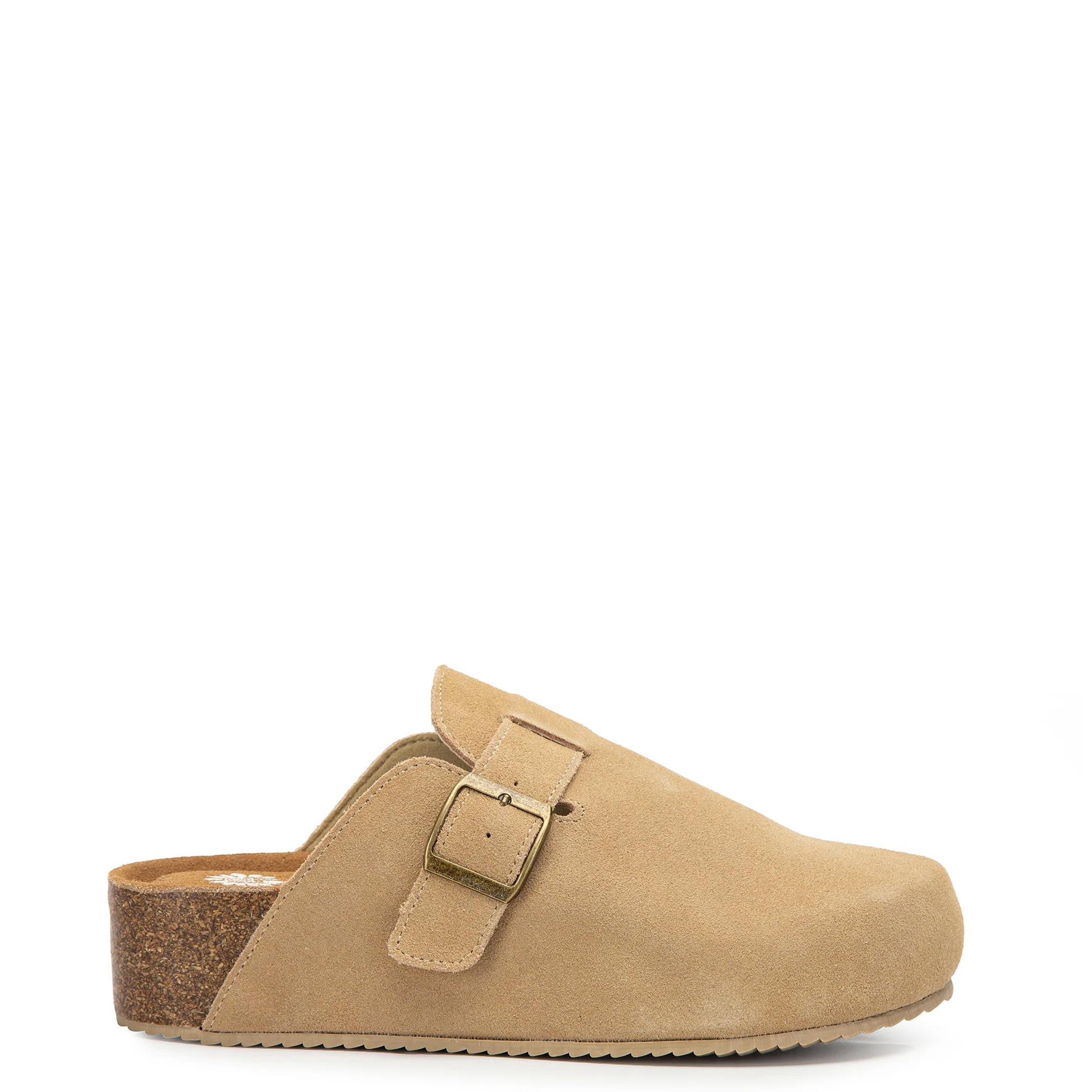 Tan clog shoe with a buckle on a white background