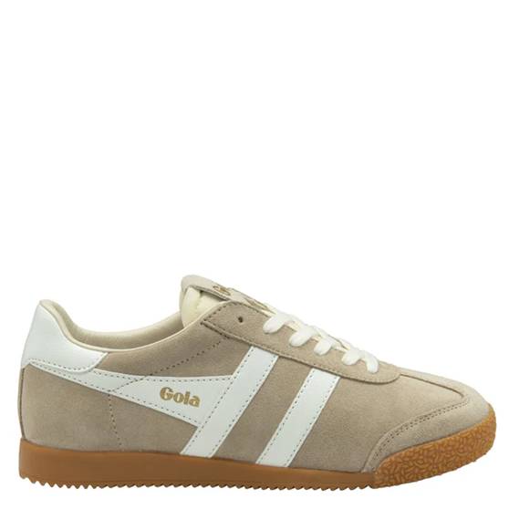 Beige sneaker with white stripes and brown sole on a white background