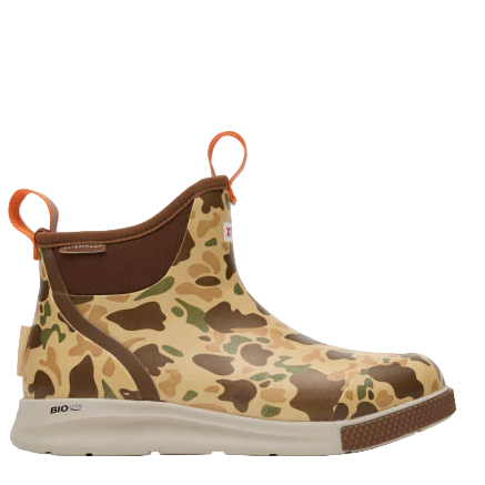 Camouflage-patterned boot with brown accents on a white background