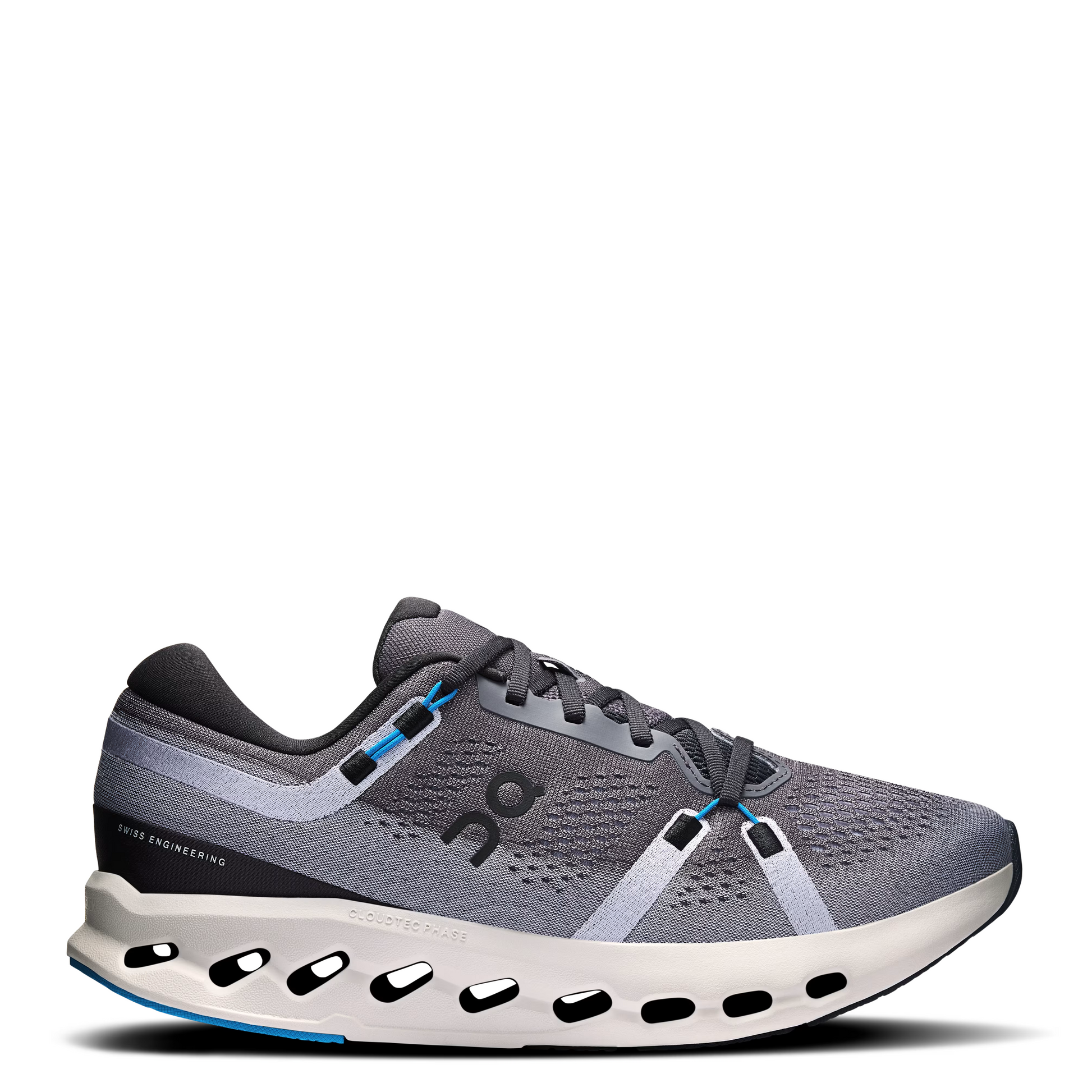 Gray running shoe with white sole on a white background