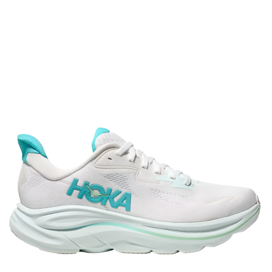 A pair of women's Hoka Clifton 10 running shoes in white with blue accents and a green sole.